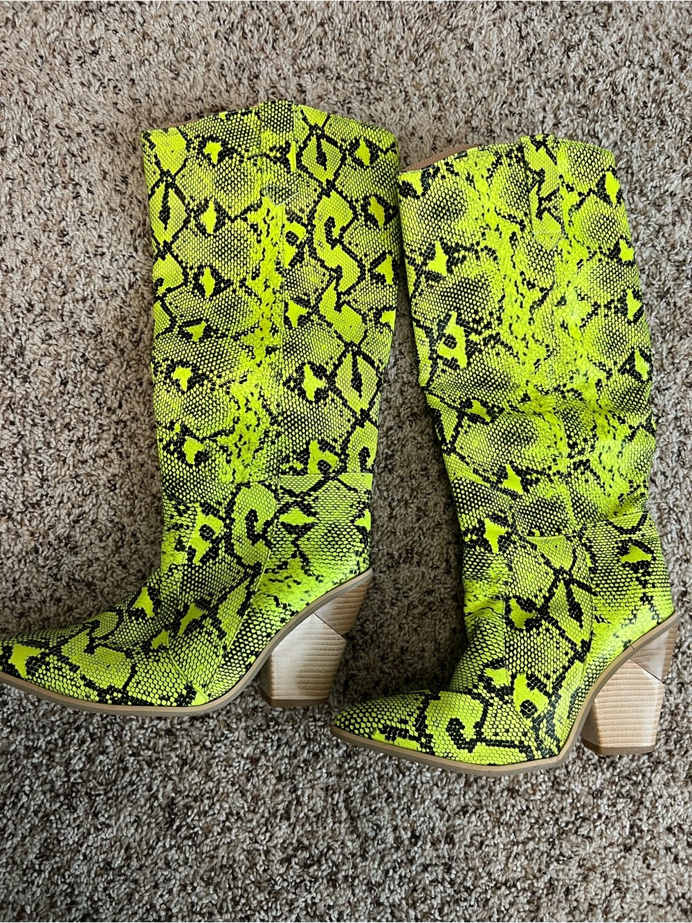 Neon Yellow Snake-Print Mid-Calf Heel Boots - Women's